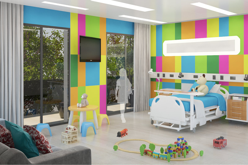 habitación de hospital / residencia infantil / juvenil diseñada por Escribá Arquitectos, Murcia, España